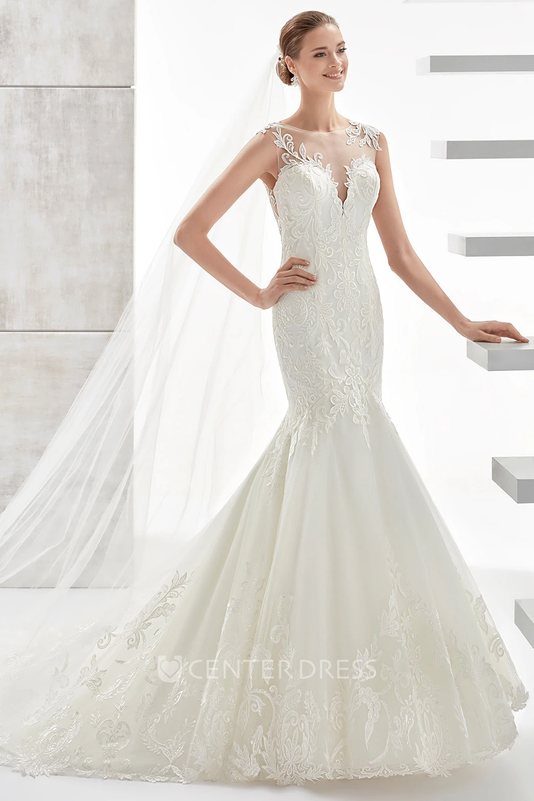 Jewel-Neck Sheath Lace Mermaid Wedding Dress With Illusive Design And Brush Train