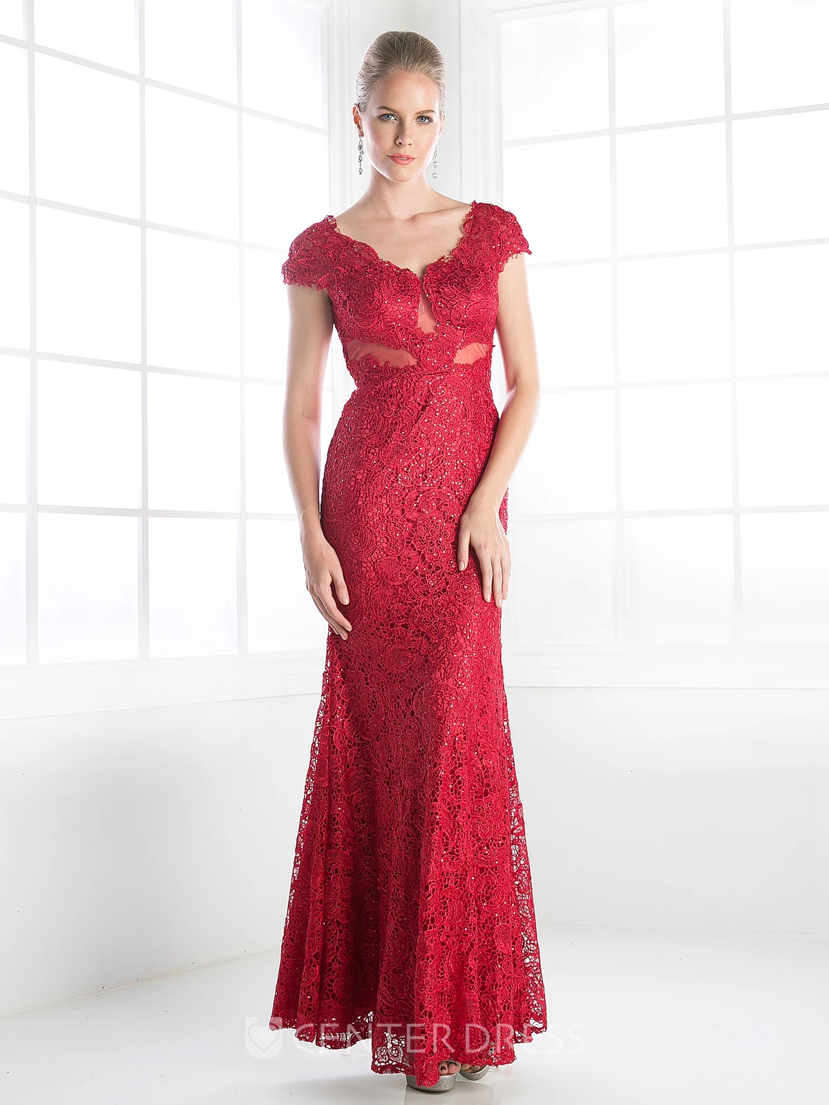 Sheath Ankle-Length V-Neck Short Sleeve Lace Deep-V Back Dress With Beading