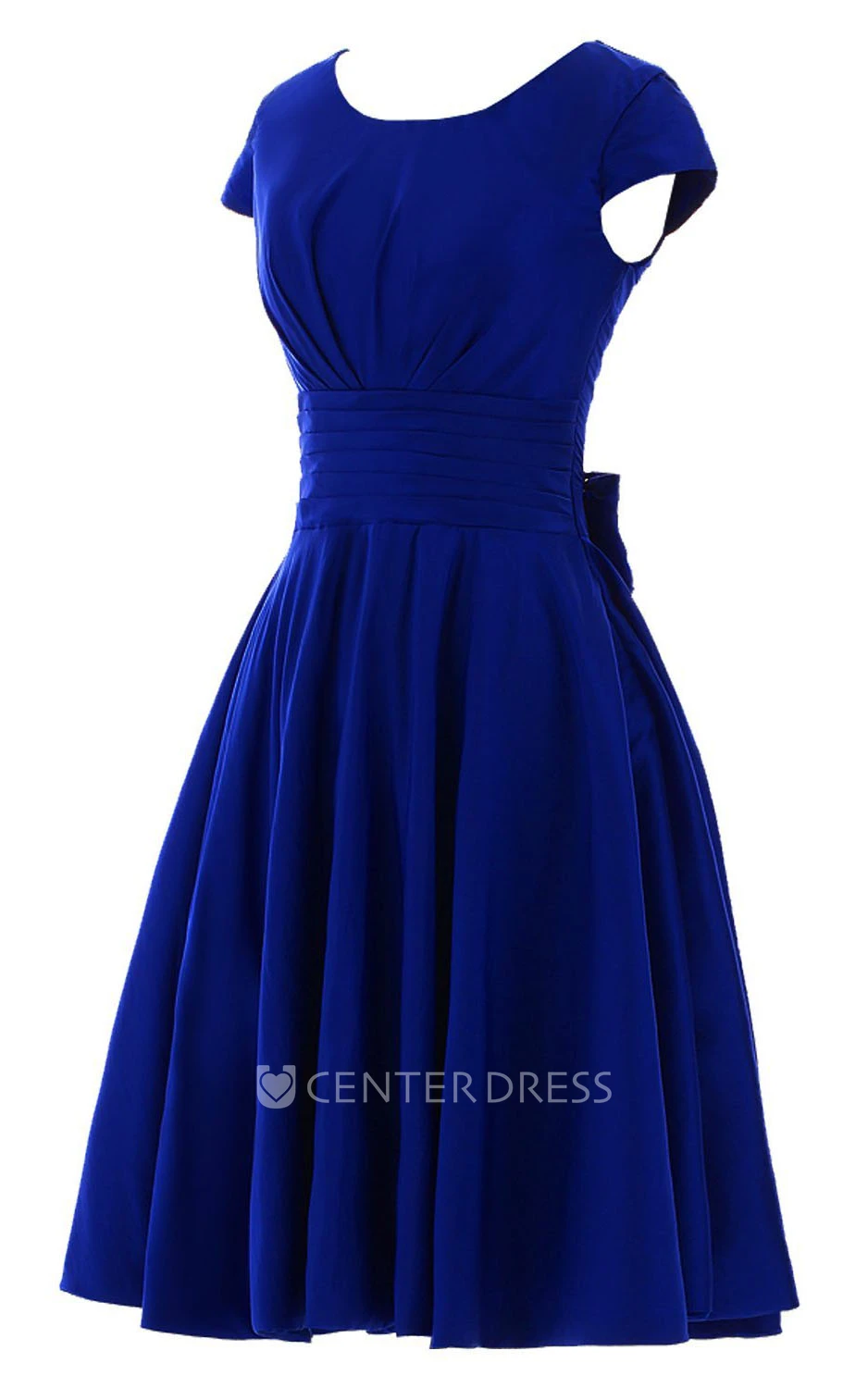 Short Sleeve Knee-length Pleated Chiffon Dress With Bowknot