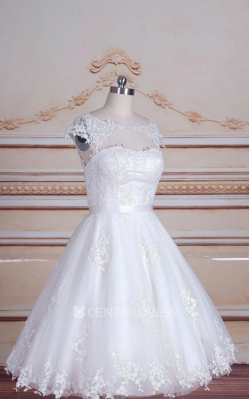 Short Tea-Length Cap Sleeve Tulle Lace Satin Dress With Keyhole Back