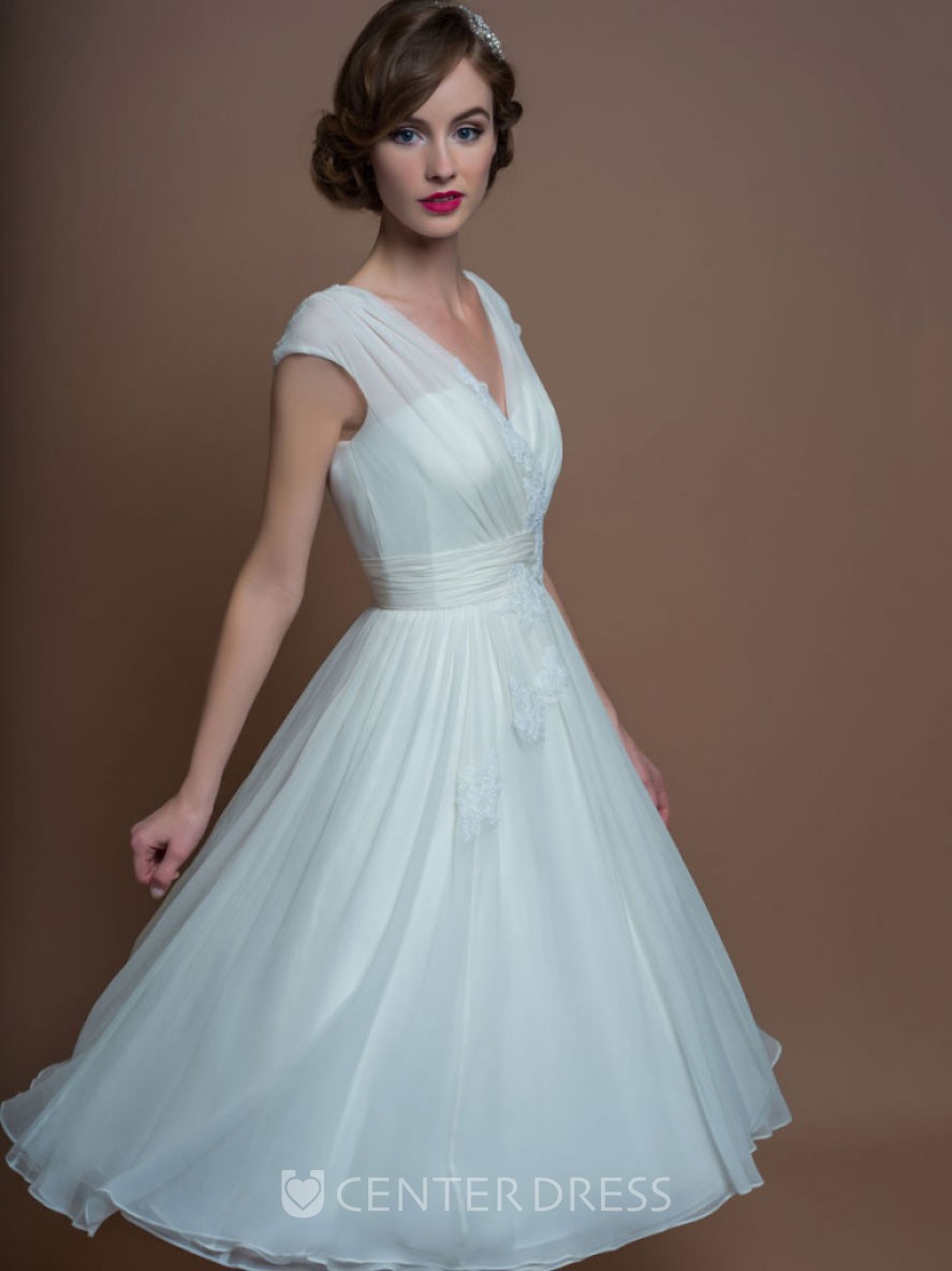 A Line V Neck Tea Length Cap Sleeve Appliqued Tulle Wedding Dress With Ruching UCenter Dress