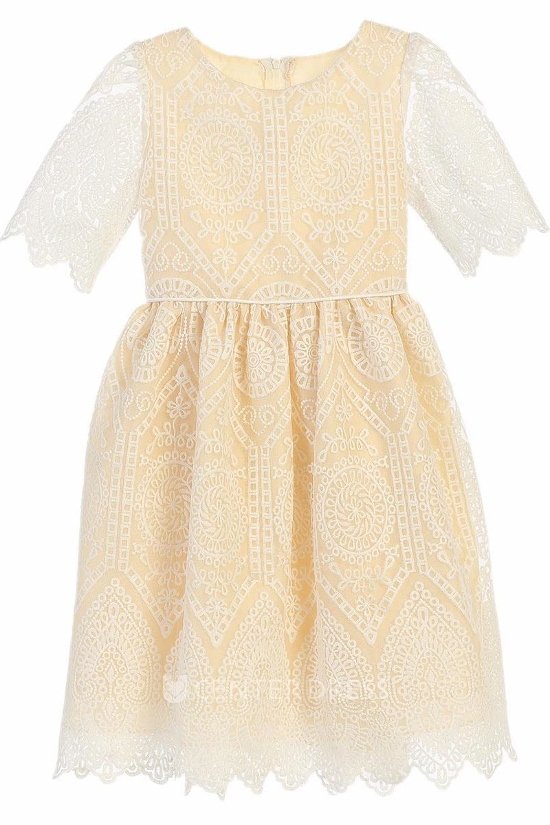 Tea-Length Lace Flower Girl Dress With Cathedral Train