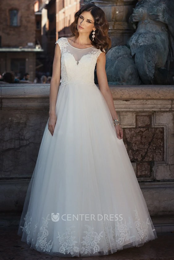 A-Line Long Appliqued Cap-Sleeve Scoop-Neck Tulle Wedding Dress