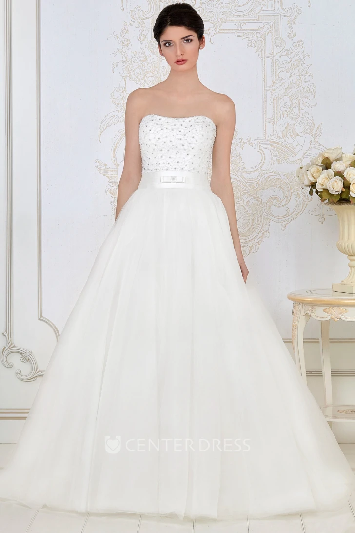 A-Line Beaded Sleeveless Maxi Strapless Tulle Wedding Dress