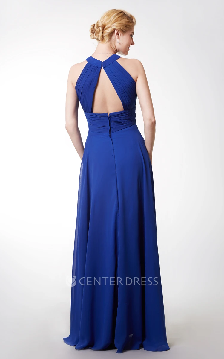 Halter Ruched Long Bridesmaid Dress With Key-hole Back