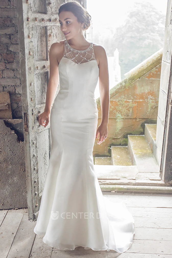 Maxi Scoop Beaded Satin Wedding Dress With Sweep Train And Illusion