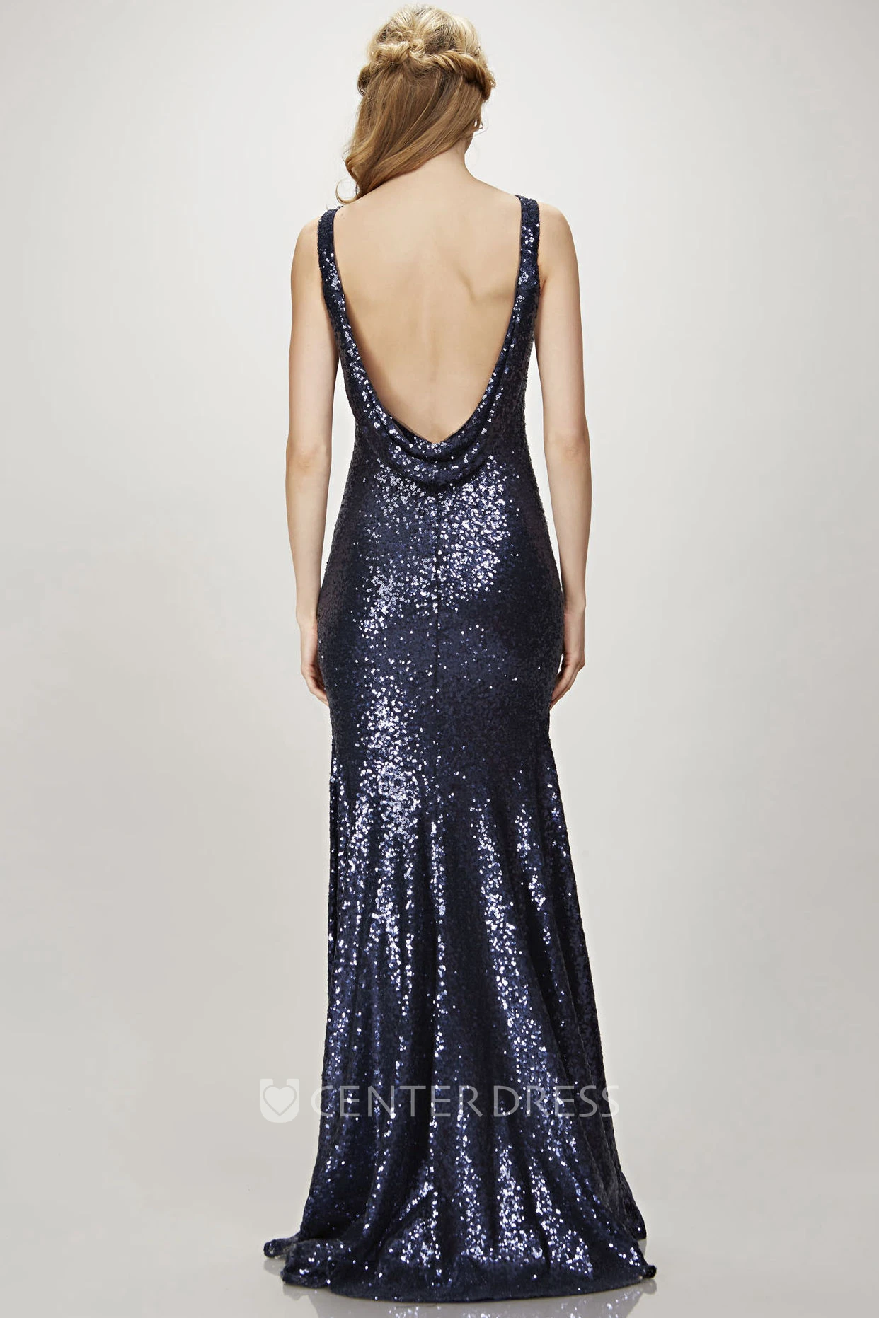 Sheath Floor-Length Sleeveless Bateau Sequins Bridesmaid Dress With Deep-V Back