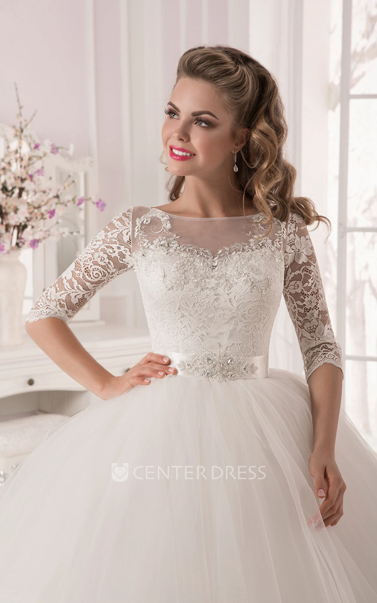 Ball Gown Lace&Tulle Long Sleeve Dress with Crystal Detailing