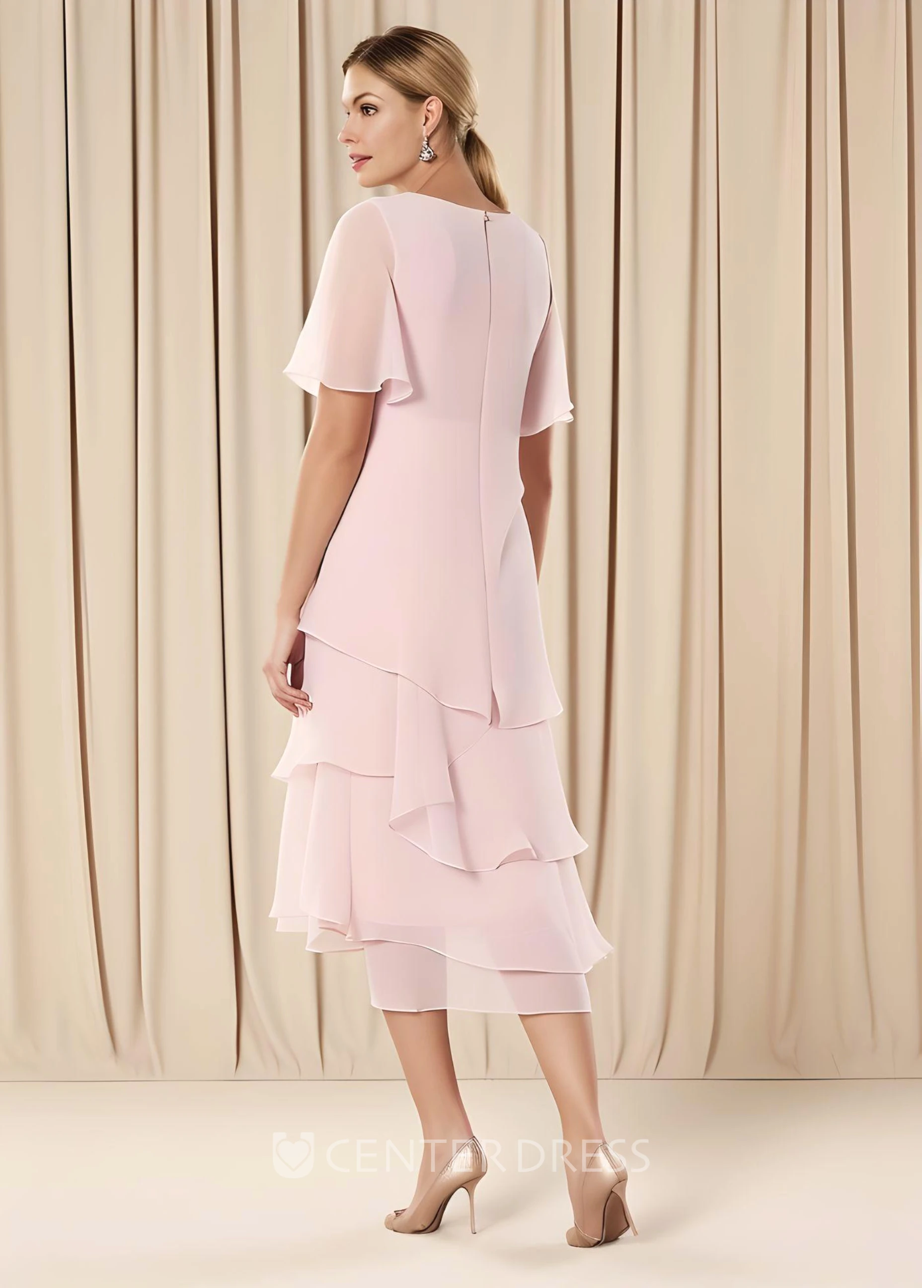 Casual Sheath Chiffon Mother of the Bride Dress Bateau Neck Ruffles High-Low Short Sleeves