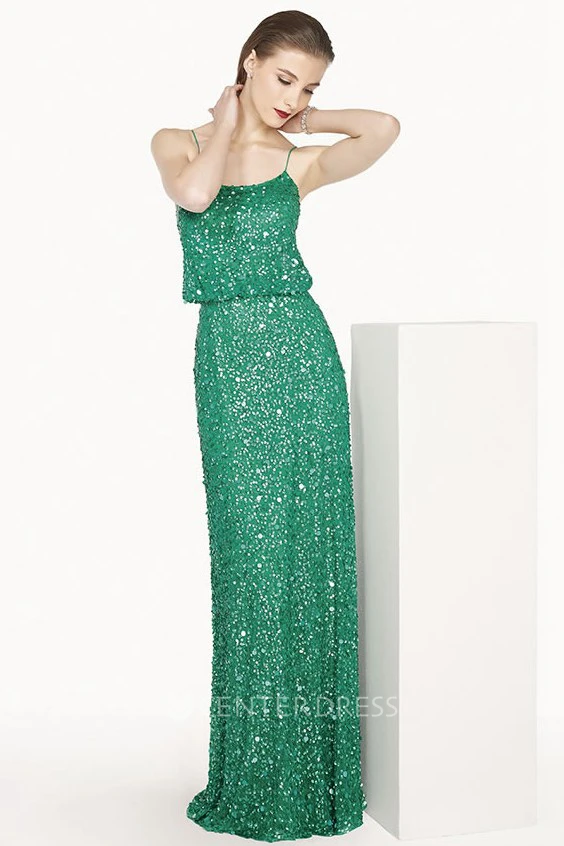 Scoop Neck Sheath Long Prom Dress With Allover Sequins And Spaghetti Straps