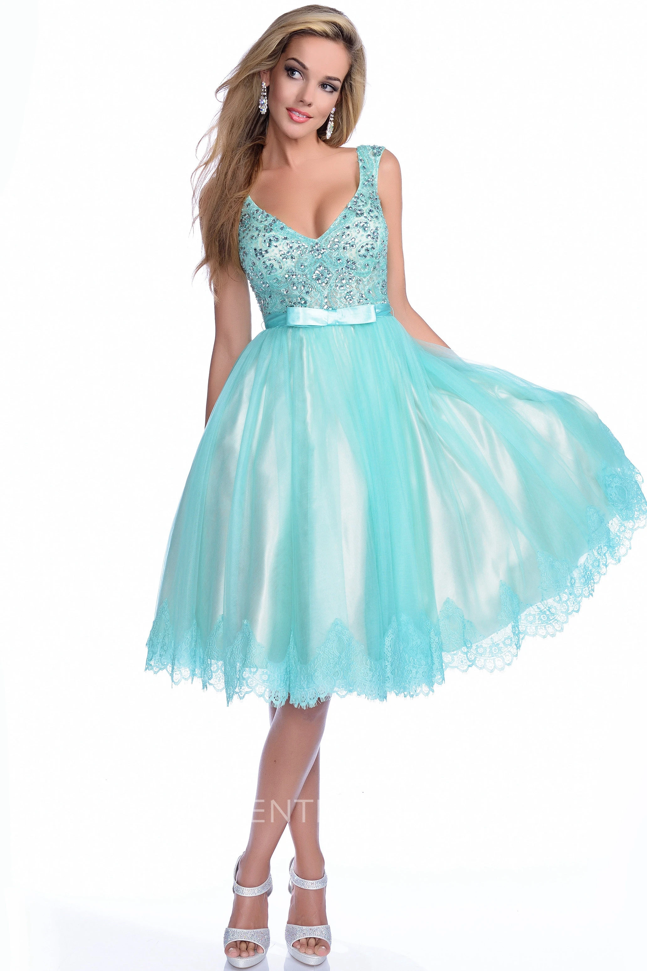 A-Line V-Neck Sleeveless Bow Sash Prom Dress With Jeweled Bodice And Lace Trim