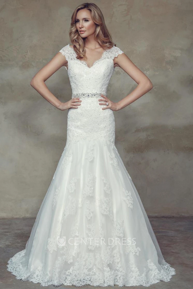 Mermaid Cap-Sleeve Jeweled V-Neck Lace Wedding Dress