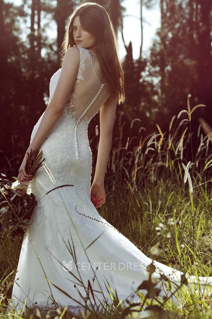 Mermaid Sleeveless Scoop-Neck Lace&Tulle Wedding Dress With Beading And Illusion
