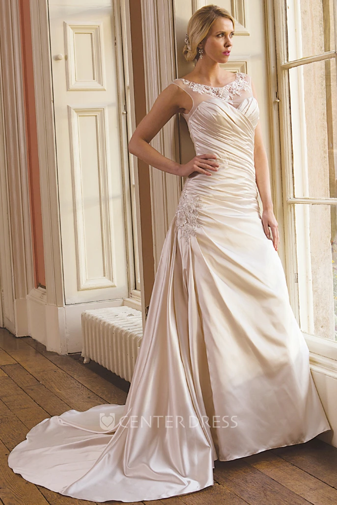 A-Line Maxi Sleeveless Scoop Criss-Cross Satin Warm Wedding Dress With Draping And Appliques
