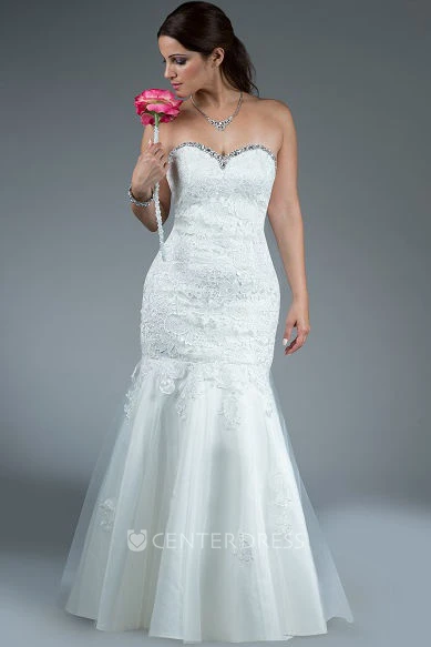 Crystal Sweetheart Mermaid Tulle Bridal Gown With Lace Top