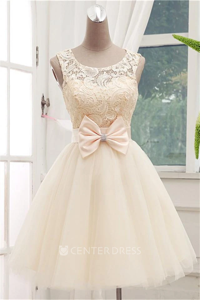 Timeless Sleeveless Lace Cocktail Dress Bowknot Tulle Short Prom Gowns