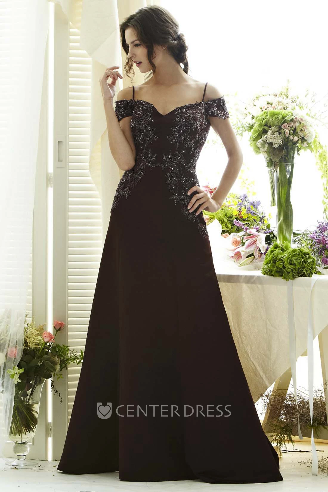 A-Line Appliqued Spaghetti Cap-Sleeve Floor-Length Chiffon Prom Dress With Low-V Back