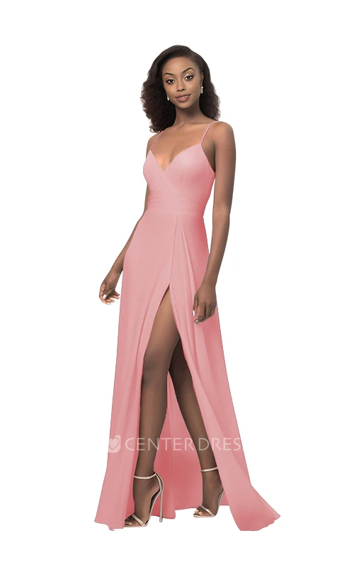 Spaghetti Chiffon A-Line Bridesmaid Dress with Front Split Sexy & Modern