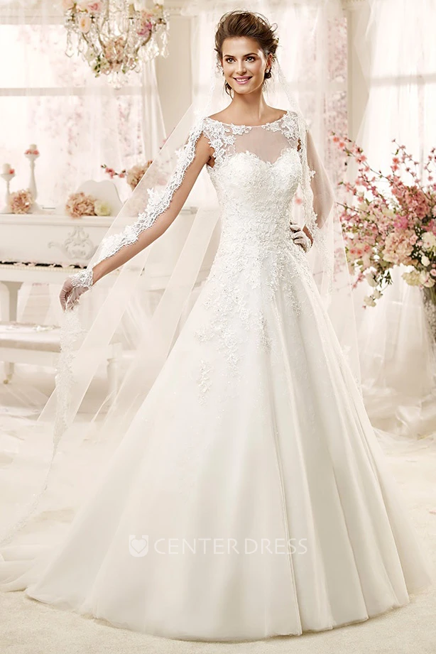 Jewel-neck A-line Wedding Dress with Illusive Design and Keyhole Back