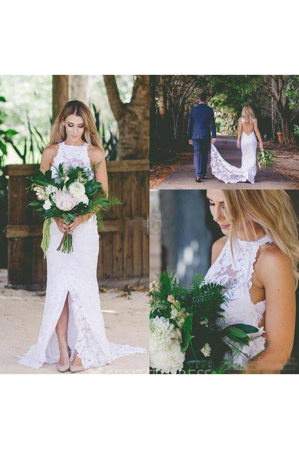 Sheath High Neck Lace Open Back Spring Wedding Dress