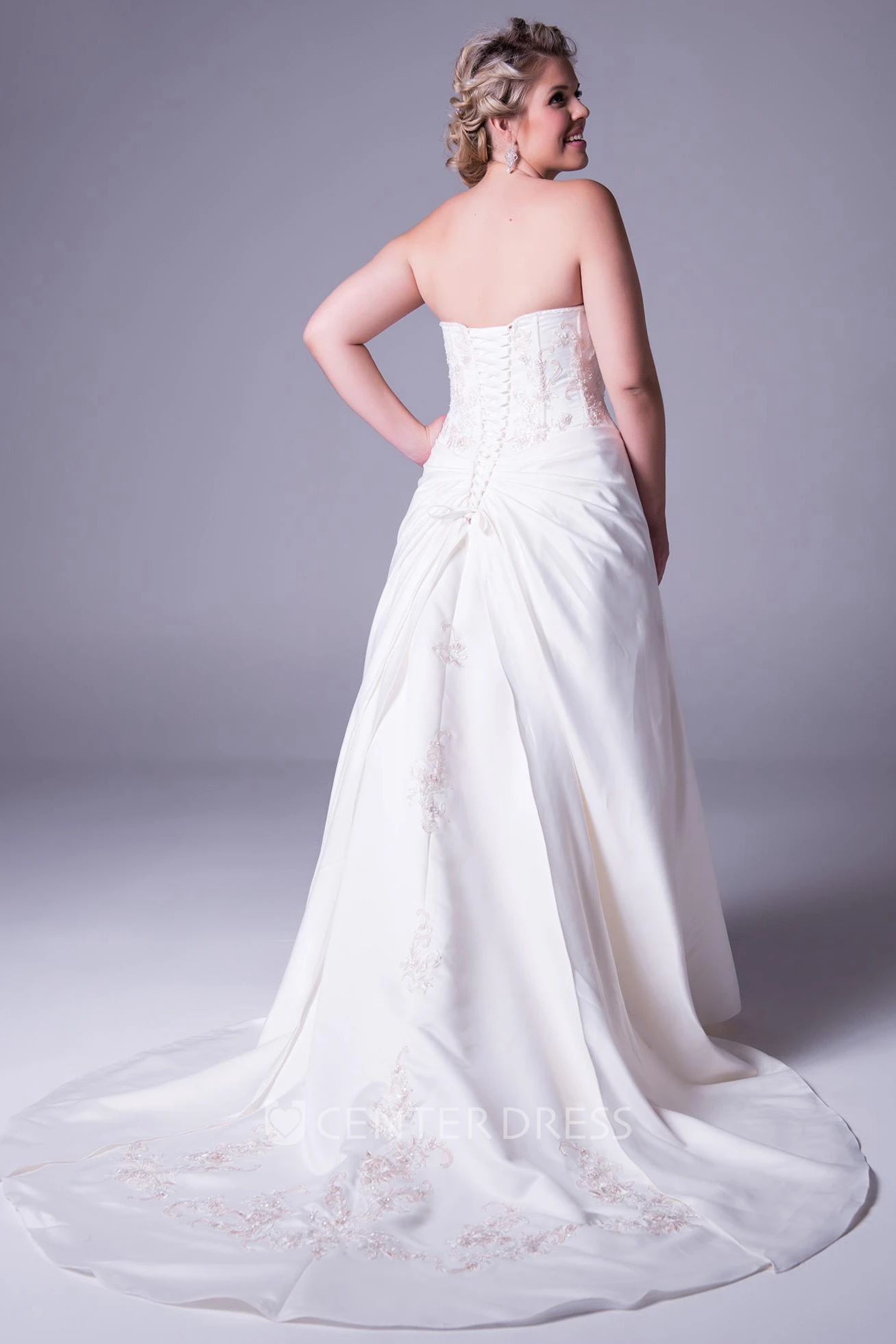 Strapless Floor-Length Taffeta Plus Size Wedding Dress With Embroidery And Corset Back