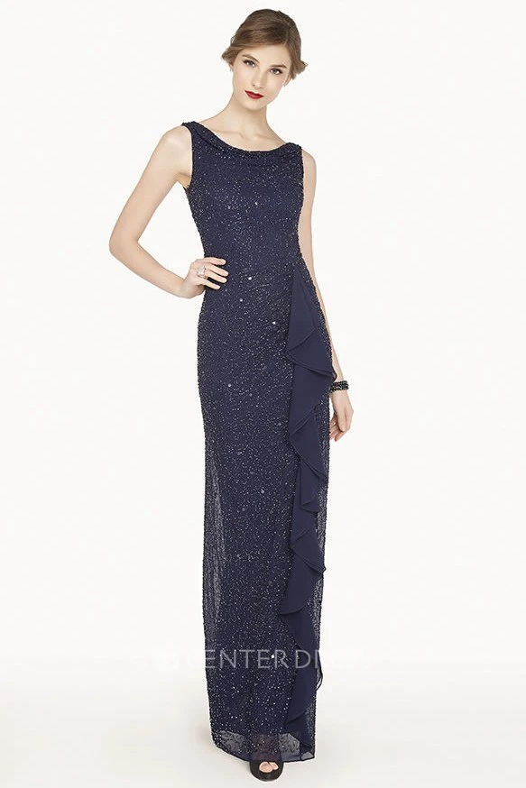 Scoop Neck Sleeveless Sheath Long Prom Dress With Ruffles And Sequins