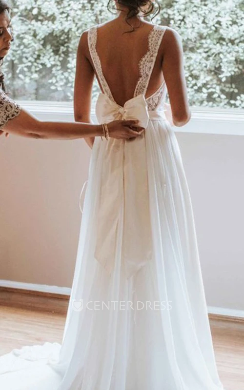 Chiffon Lace Scalloped A Line Sleeveless Court Train Open Back Wedding Dress With Bow