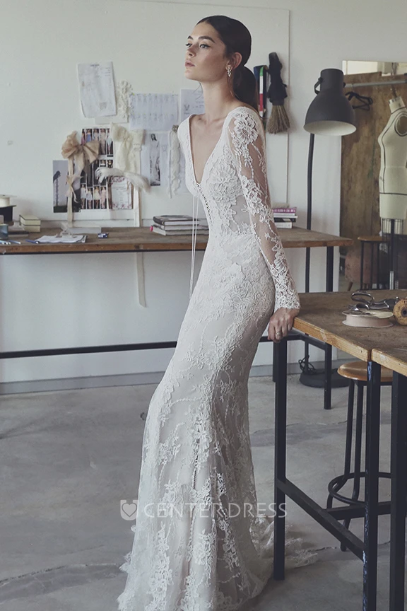 Boho Sexy Plunging Illusion Long Sleeve Lace Mermaid Wedding Dress