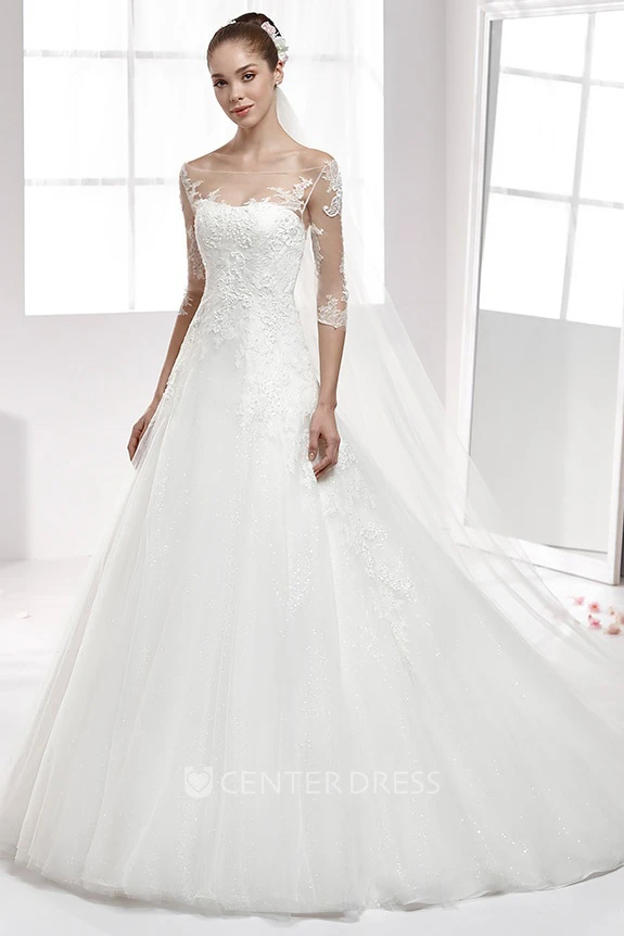 Off-shoulder A-line Lace Wedding Dress with Half Sleeves and Illusive Design
