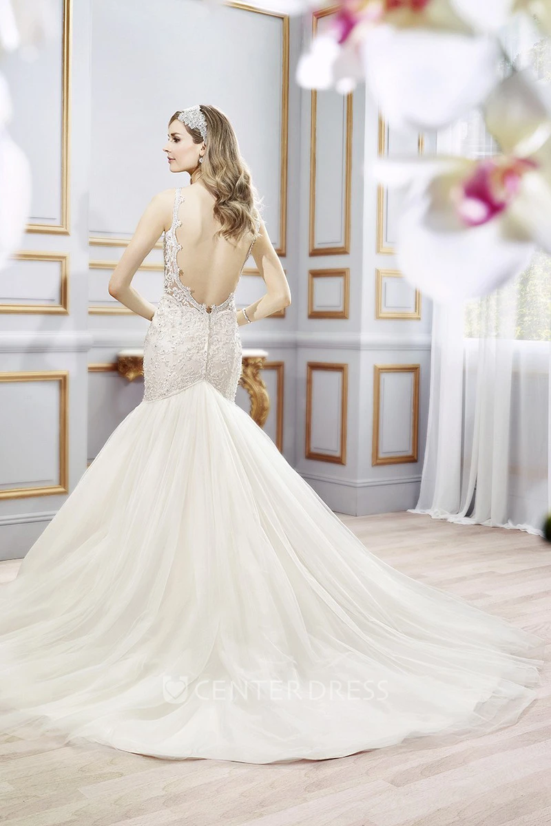 Mermaid Spaghetti Floor-Length Sleeveless Appliqued Lace&Tulle Wedding Dress With Chapel Train And Backless Style