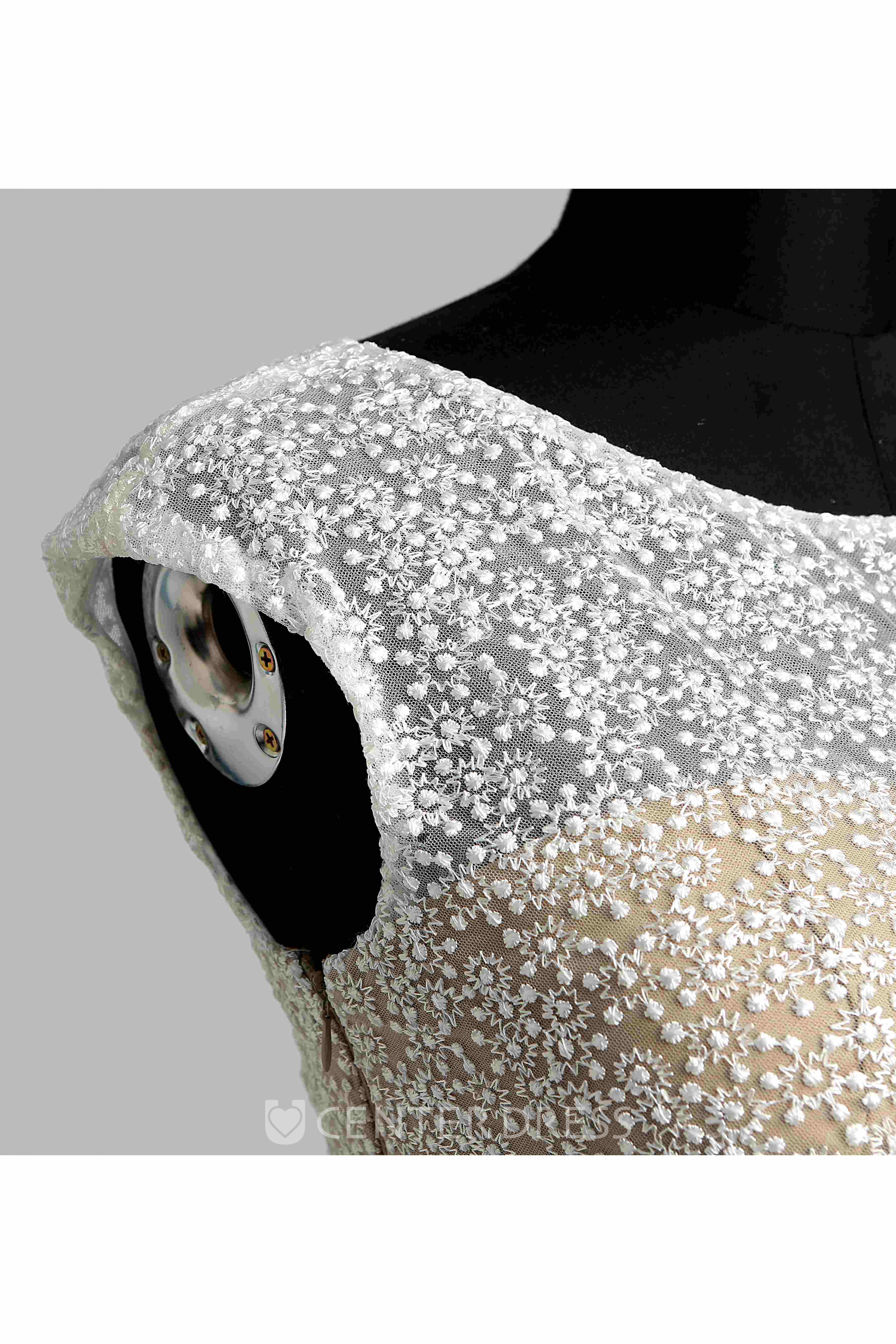 Jersey Lace A-line Bateau Cap Short Sleeve Lace Dress with Sash/Ribbon