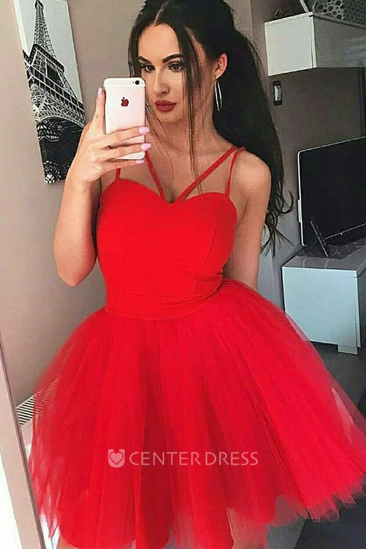 A-line Spaghetti Sleeveless Pleats Short Mini Chiffon Tulle Homecoming Dress