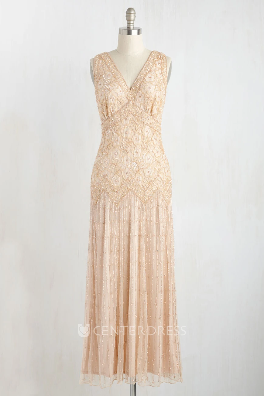 Sheath Sleeveless Ankle-Length Beaded V-Neck Tulle Wedding Dress With Low-V Back