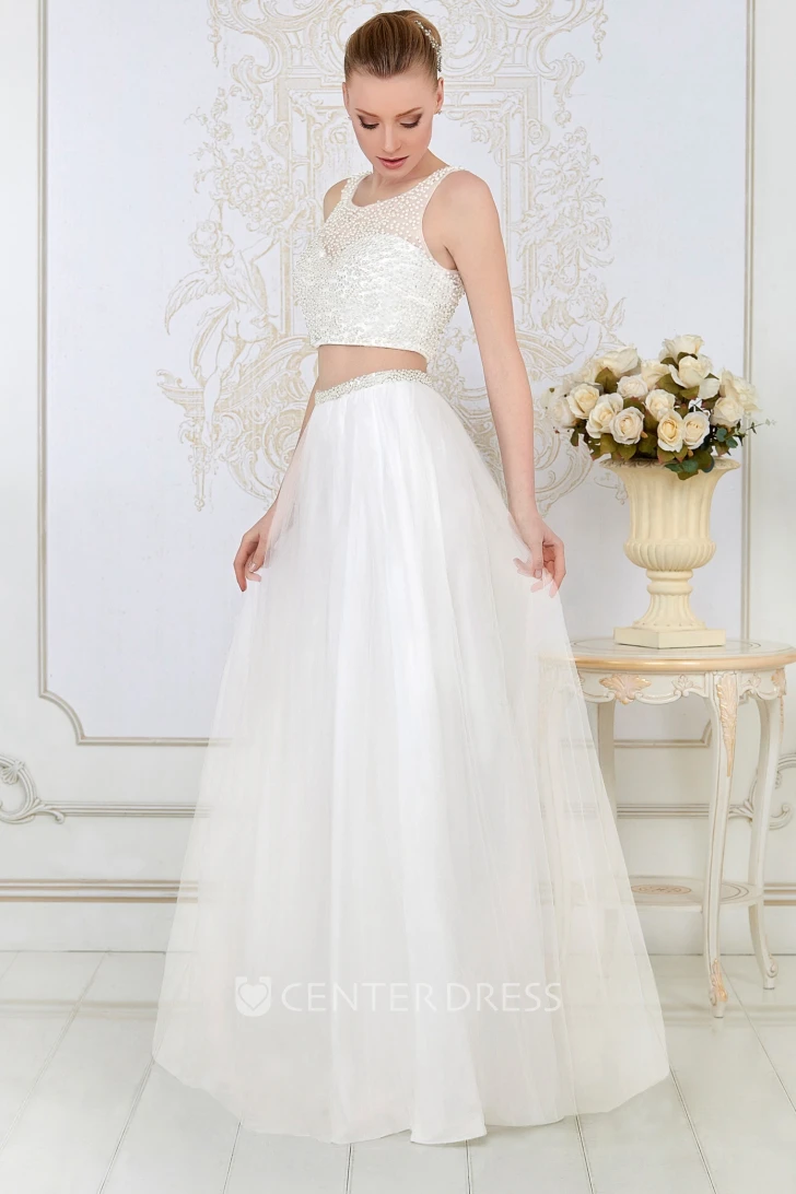 A-Line Sleeveless Floor-Length Beaded Scoop-Neck Prom Dress