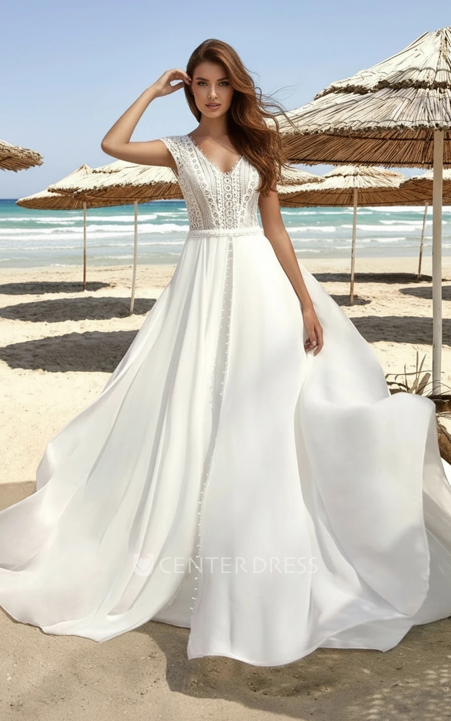 Casual Bohemian Lace A-Line Wedding Dress with Cap Sleeves for Beach and Destination Weddings