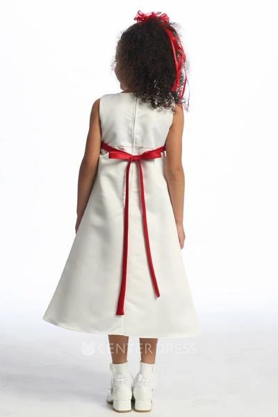 Ankle-Length Bowed Sleeveless Satin Flower Girl Dress