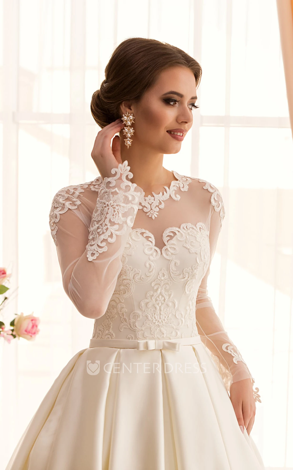 A-Line Long Jewel Long-Sleeve Illusion Satin Dress With Appliques