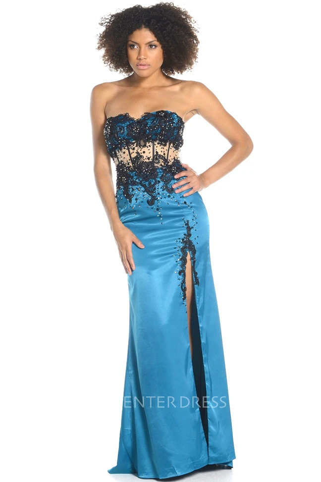 Sheath Split-Front Sleeveless Long Sweetheart Satin Prom Dress With Corset Back And Appliques