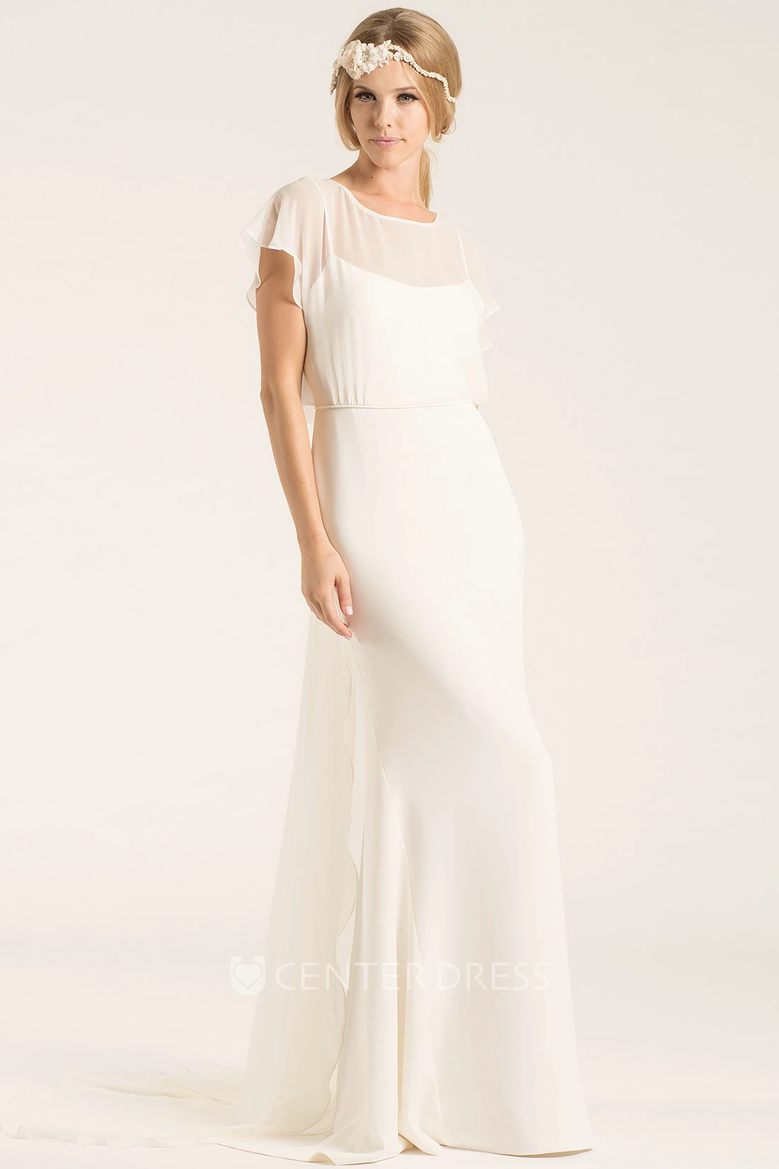 Scoop Long Poet-Sleeve Chiffon Wedding Dress With Court Train And V Back