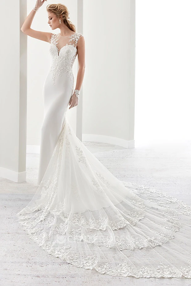 Cap Sleeve Sheath Bridal Gown With Illusion Details And Chapel Train