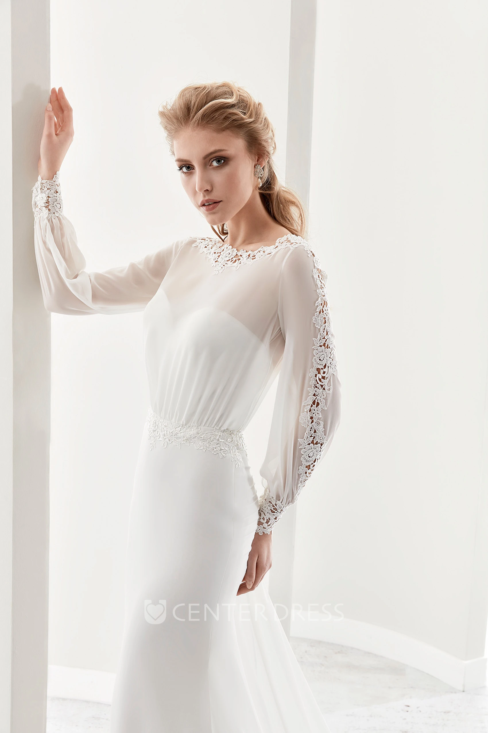 Long-Sleeve Jewel-Neck Sheath Gown With Illusion Design And Keyhole Back