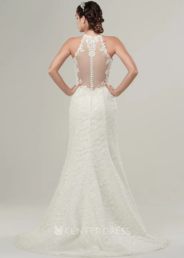 High Neck Long Appliqued Lace Wedding Dress With Sweep Train And Illusion
