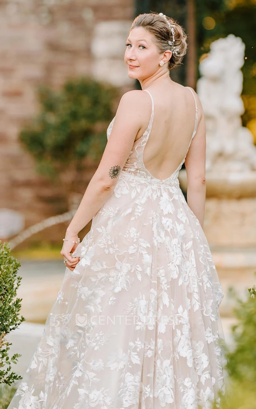 Garden Casual Open Back Floor-Length A-Line V-Neck Sleeveless Tulle Bridal Gown with Lace Insert