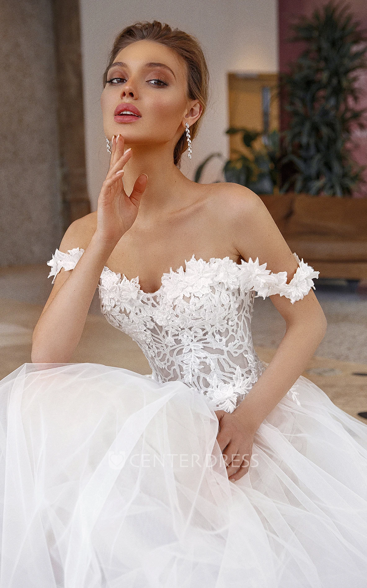 Sexy A Line Lace Off-the-shoulder Chapel Train Wedding Dress with Appliques