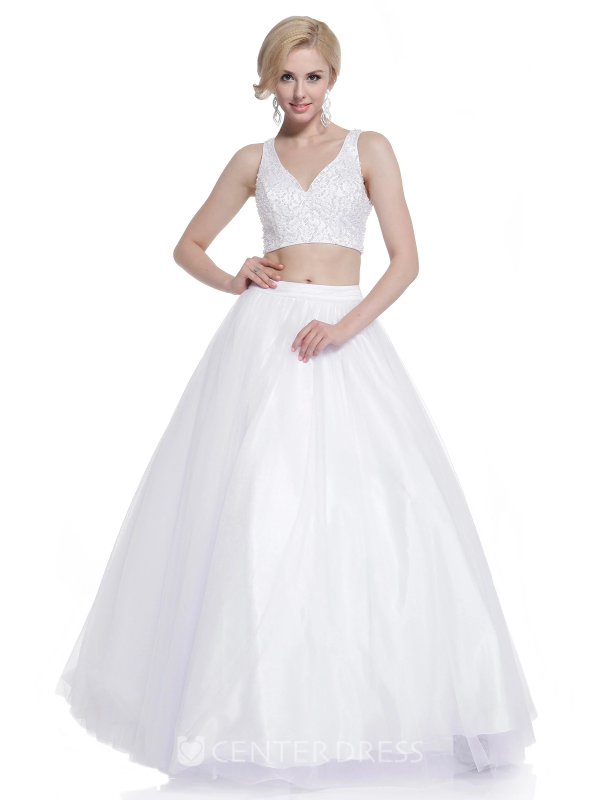 A-Line Floor-Length V-Neck Sleeveless Satin Zipper Dress With Beading