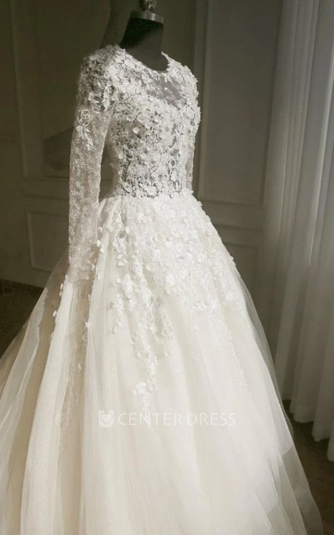 A-Line Long Long Sleeve Bell Beading Appliques Flower Zipper Keyhole Tulle Lace Dress