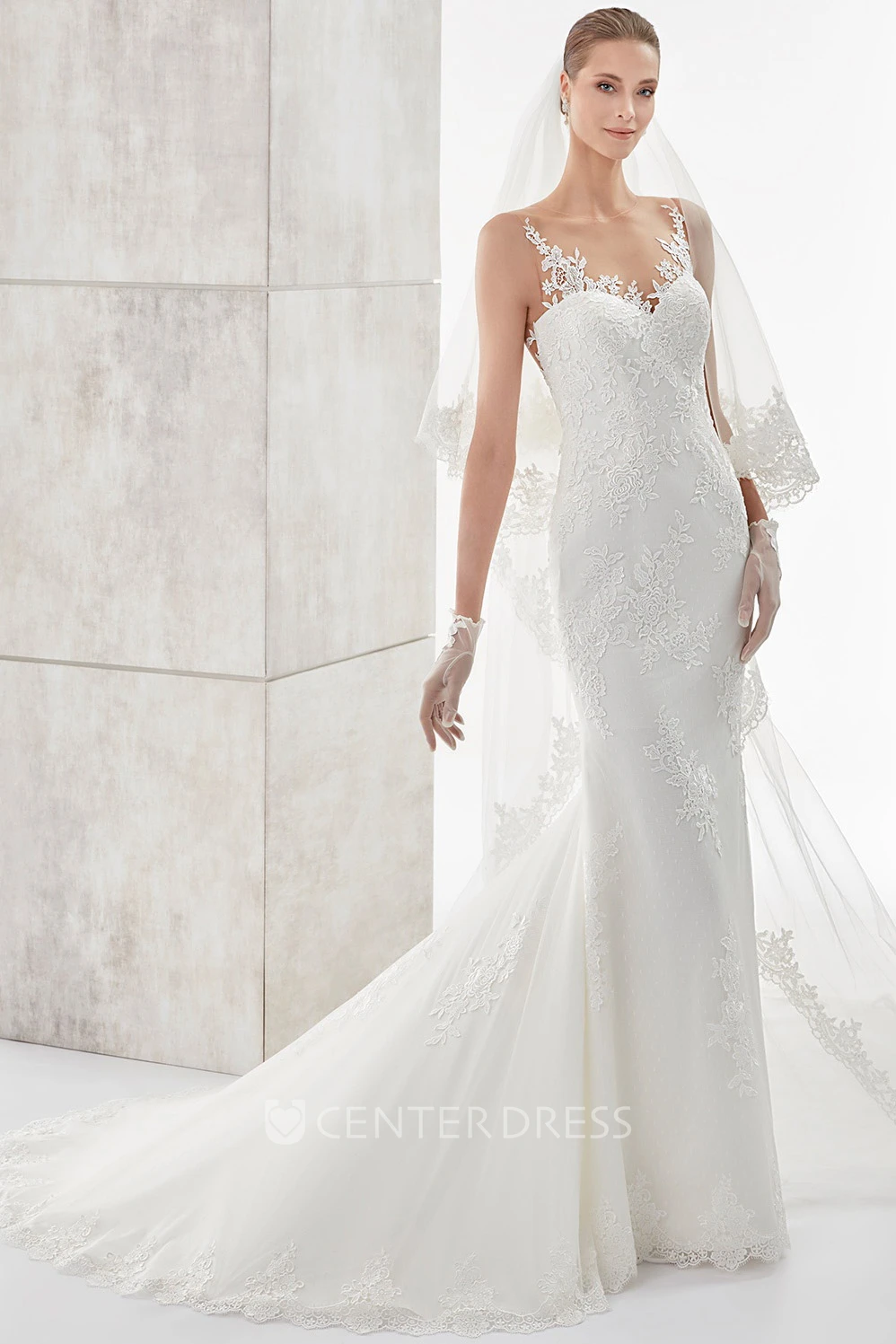 Sweetheart Sheath Lace Appliqued Wedding Dress with Illusive Floral Back and Court Train