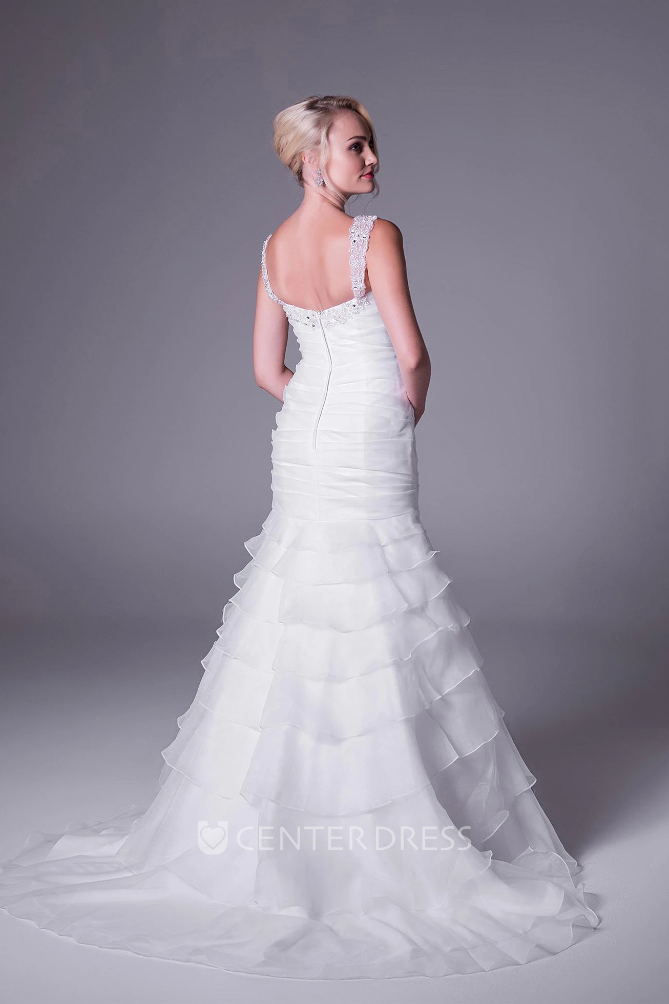 A-Line Floor-Length Tiered Sleeveless Strapped Organza Wedding Dress With Beading