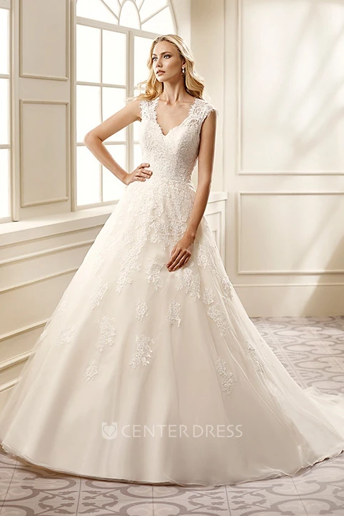 Ball Gown V-Neck Long Appliqued Cap-Sleeve Lace&Satin Wedding Dress