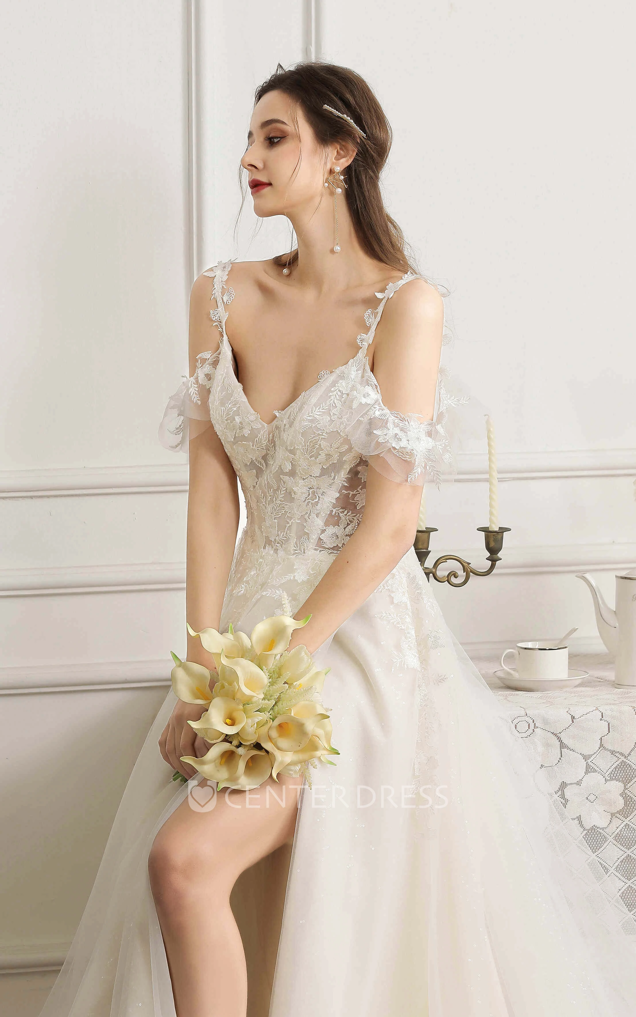 Lace Appliqued Boned Sexy Front Split Winter Wedding Dress With Straps And Off-the-shoulder Sleeves